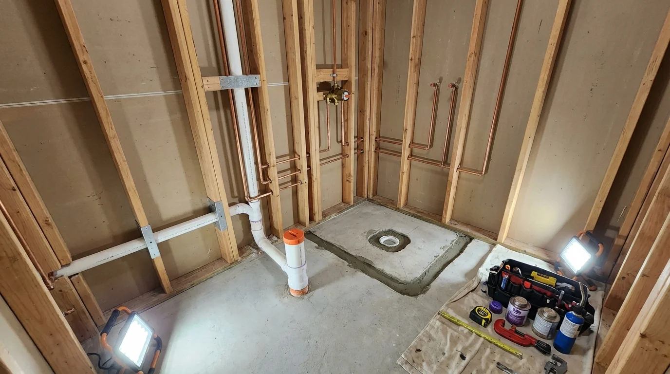 Bathroom rough-in plumbing during remodel by Johns Plumbing LLC in Nicoma Park