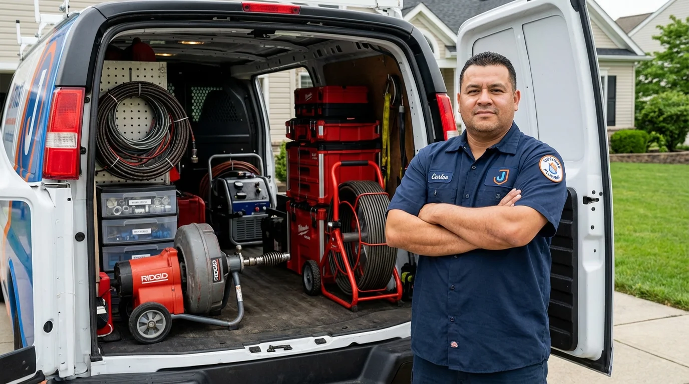 Professional drain cleaning equipment and Johns Plumbing LLC plumber in Nicoma Park