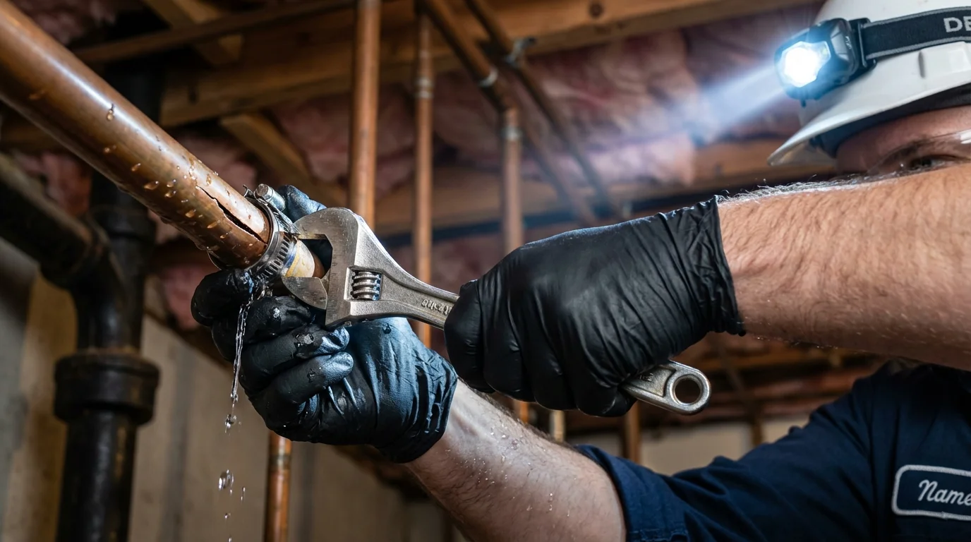 Emergency pipe clamp repair being performed by a Johns Plumbing LLC plumber in Nicoma Park