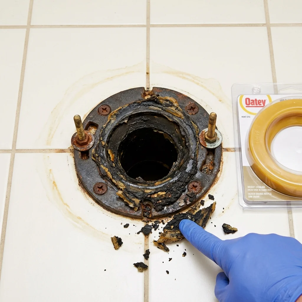 Failed wax ring showing water seepage at the base of a toilet in a Nicoma Park, OK home