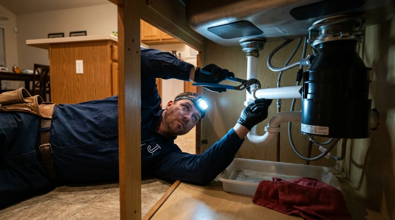 P-trap and supply line connections under a kitchen sink showing a common leak point in Nicoma Park, OK